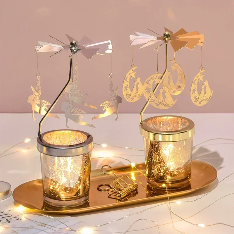 Rotating Candle Stick Holder Gold Candlestick Romantic Valentine's Gift Party Room Decor Carousel Candle Stand Home Ornaments candle holders