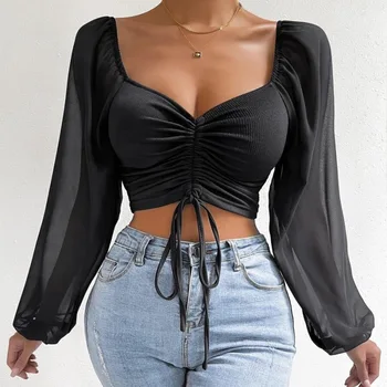 2024 Woman’s Tops Puff Sleeve Sexy Close-Fitting Summer and Spring Lace up V-neck Fashion Solid Color Simple Long Sleeve Hot