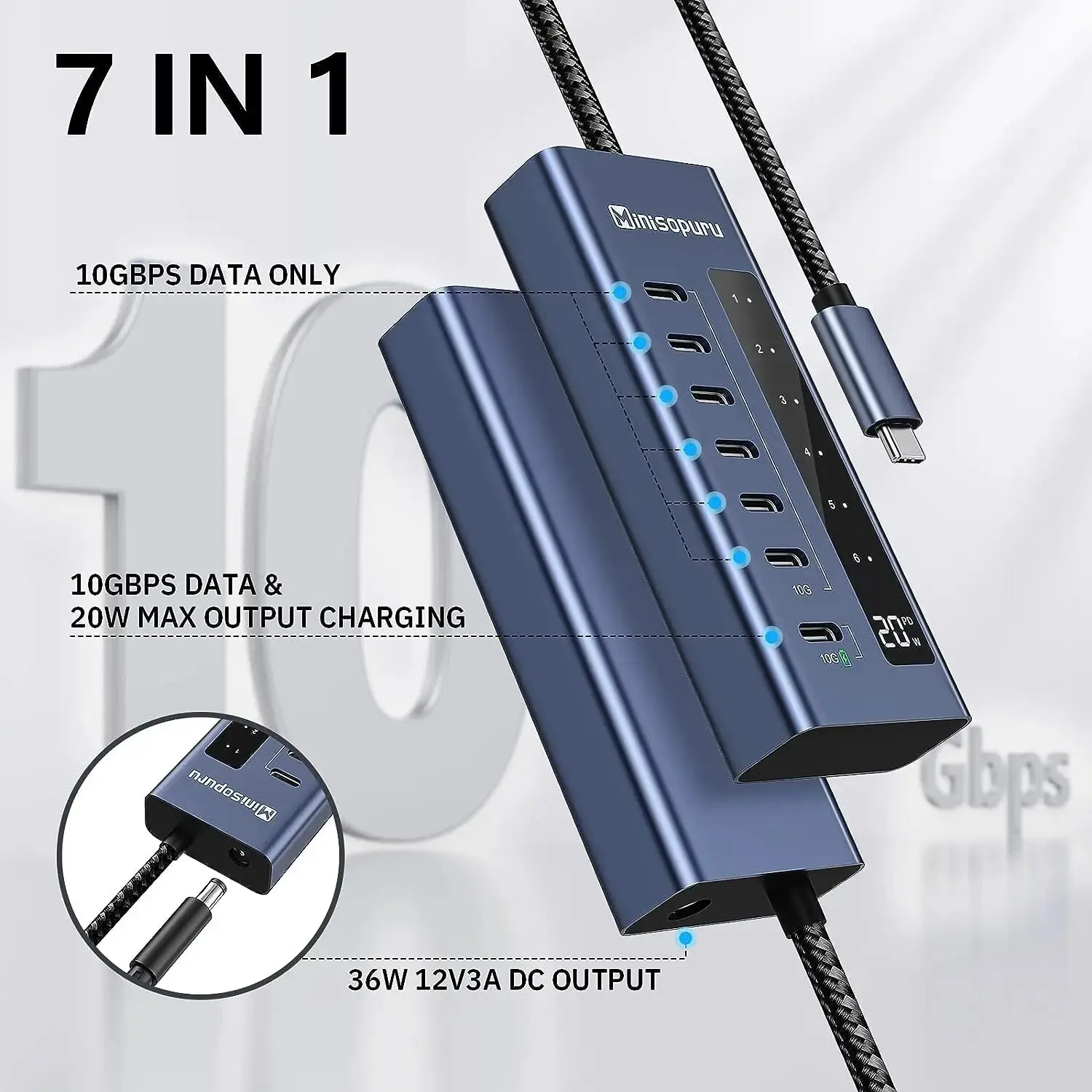 Minisopuru Powered USB C Hub 7 in 1 Type C 3.2 Hub Supports 10Gbps Data Fast Charging Adapter for MacBook Pro Air iMac iPad Hub 2
