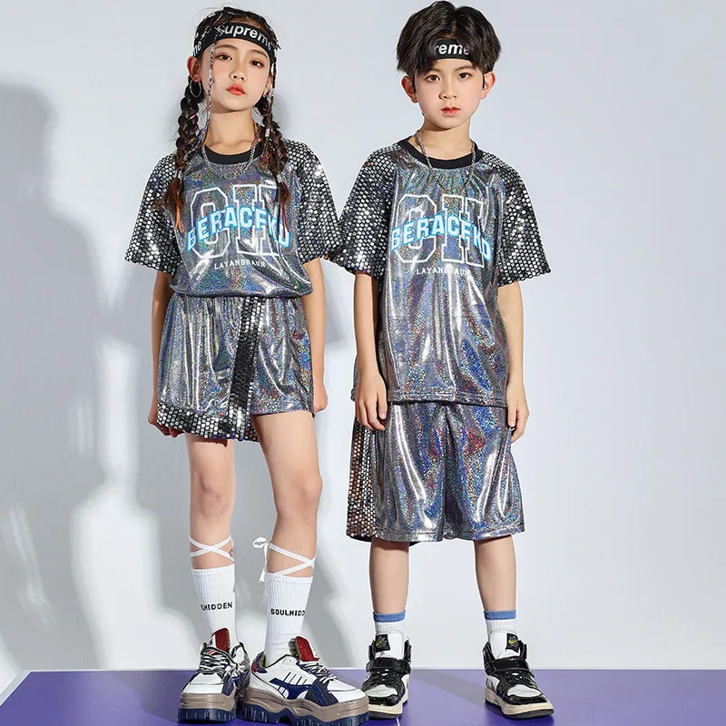 

Summer Kid Boys Girls Cheerleading Sequin Sport Short Sleeve T-shirt Shorts Skirt Sets Kindergarten Children Stage Tracksuit