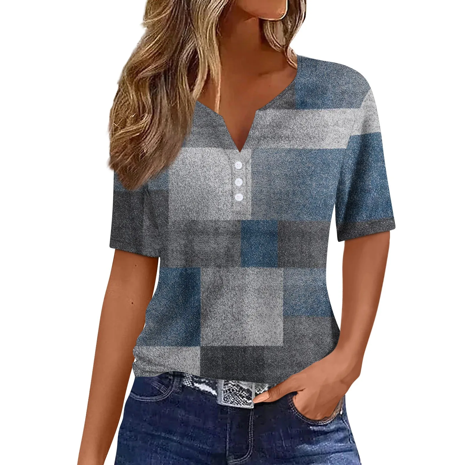 

Women'S Button Short Sleeve Daily Weekend Fashion Basic V- Neck T Shirt Tee Print Regular Sleeve Decorative Top Women'S T-Shirt