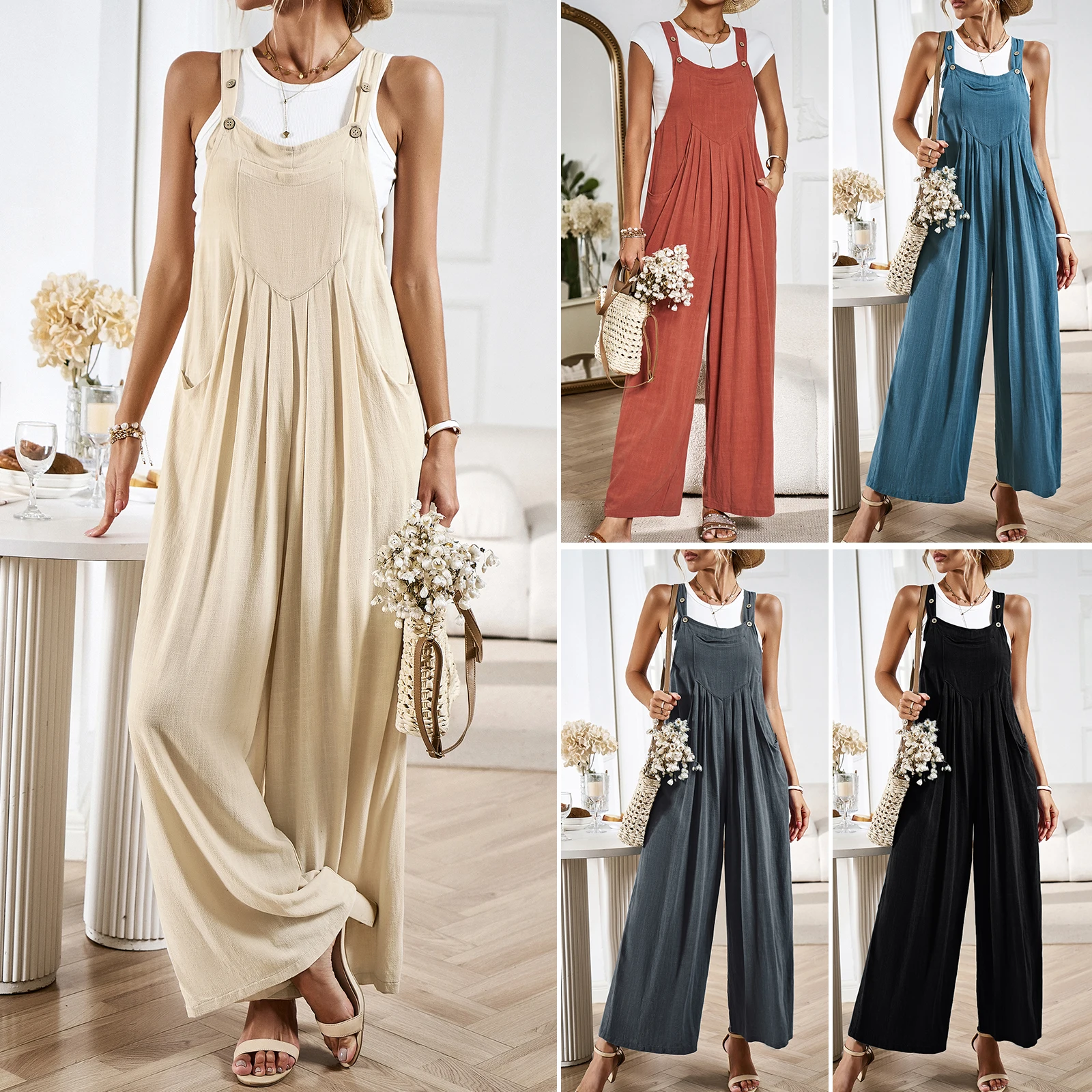Adjustable Straps Loose Overalls Fashion Casual Button Wide Leg Straight Jumpsuit Summer Sleeveless Trousers with Pockets Romper