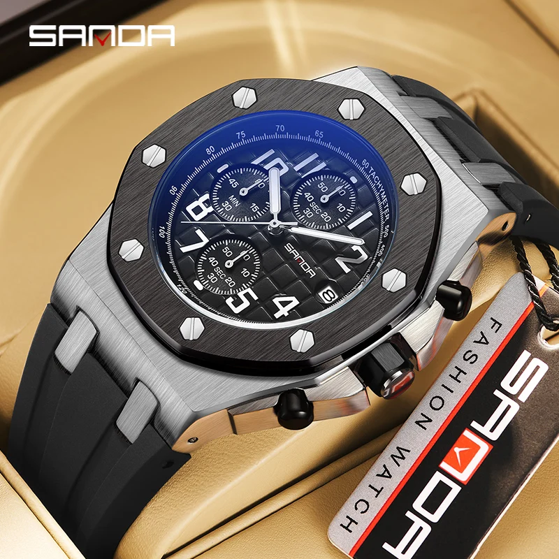 2023 New Nightlight Three Eyes Six Needle Quartz Watch Fashion Trend Multifunctional Timing Calendar Digital SADNA 7029 Watch
