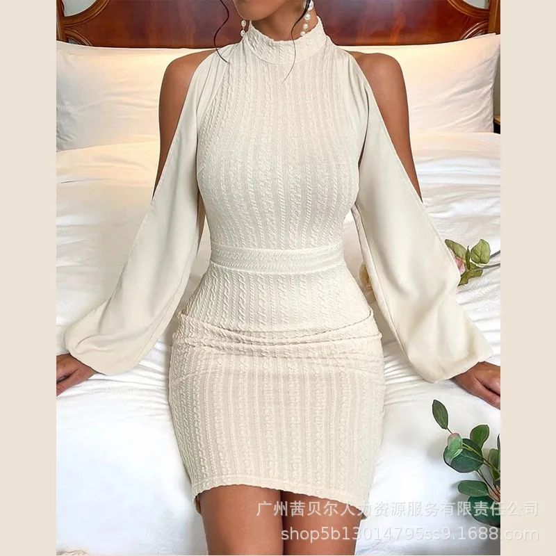 

Wepbel Beige Bodycon Dress Women Jacquard Long Sleeve Off-Shoulder Turtleneck Tight Dress Solid Color Slim Sheath Midi Dress