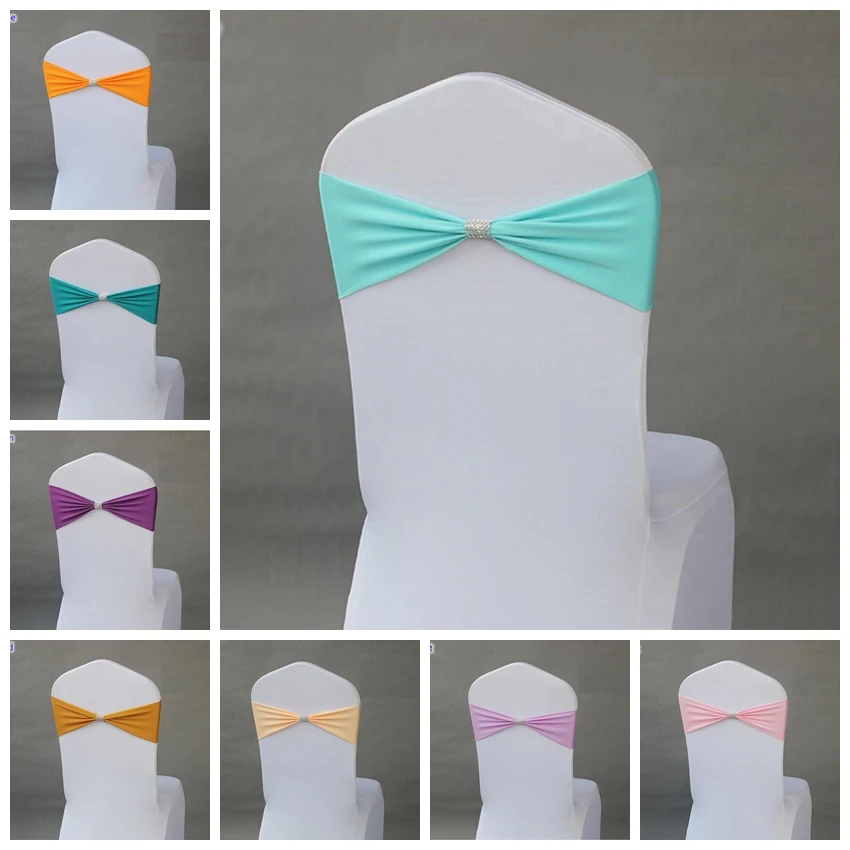 

24 Colours Spandex Wedding Chair Sashes With Shiny Belt Buckle In The Middle Lycra Stretch Bow Tie Party Hotel 10pcs