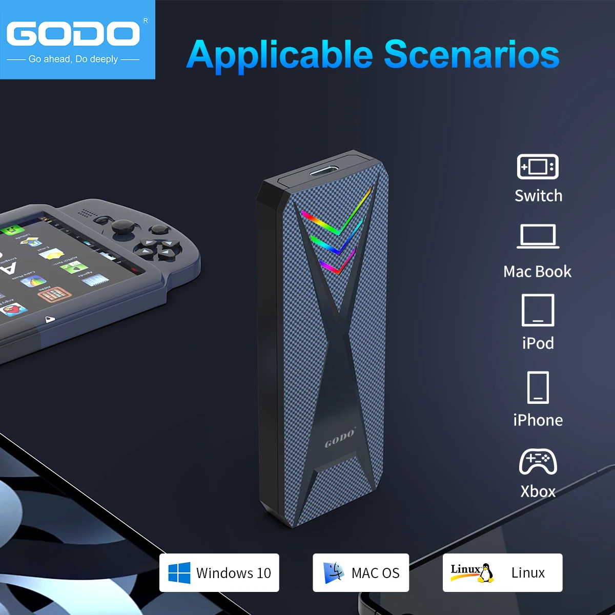 GODO RGB M.2 PCIe NVMe SSD External Enclosure Portable USB C to M.2 Nvme Sata Adapter Tool Free 10Gbps USB C 3.1 external hard drive case ssd enclosure hard drive enclosure hard disk case external hard drive box hdd case enclosure hard drive adapter ssd adapter