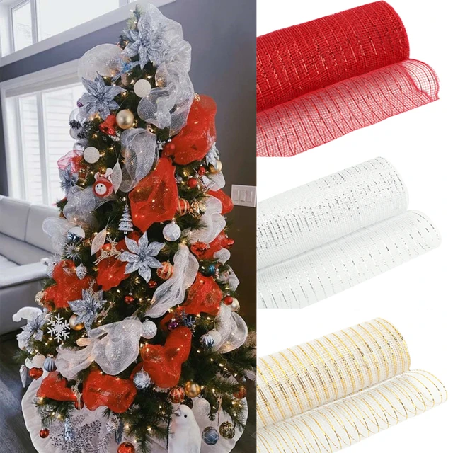 6 inch x 10 Yards Decor Mesh Metallic Foil Ribbons, Fabric Mesh Roll Mesh Wreath Supplies for Front Door Wreath, Christmas Tree, Crafts Decoration