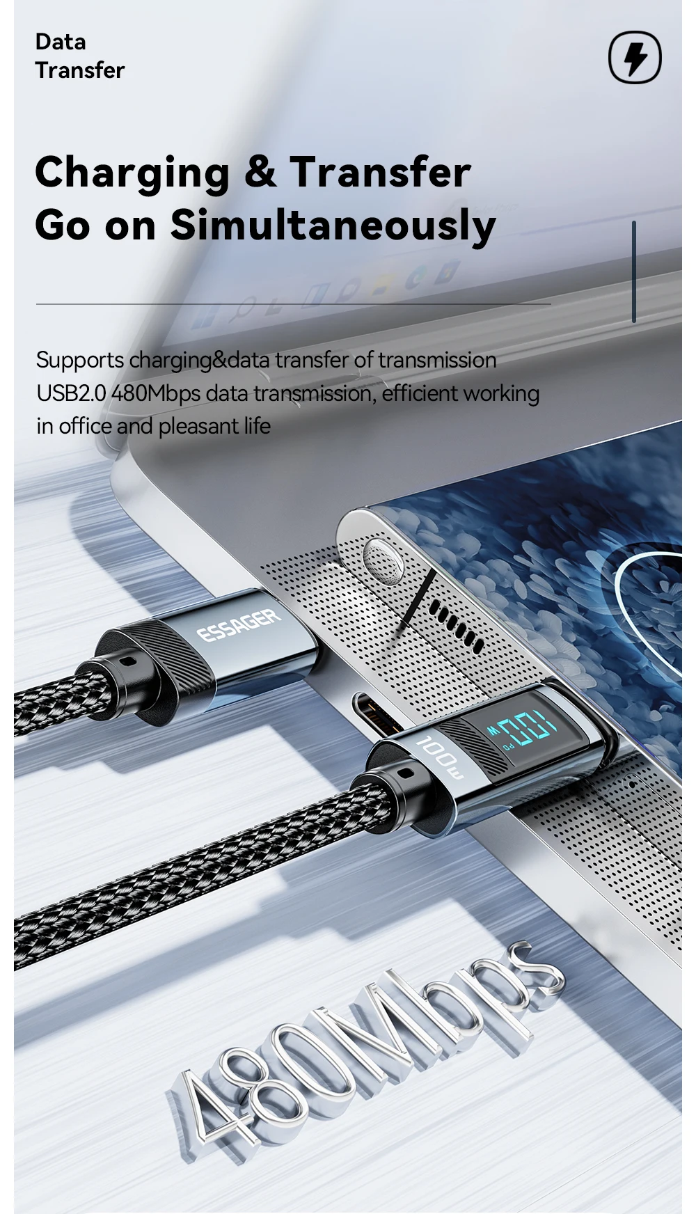 100W USB Type C Cable 90 ° LED Digital Display Cable 5A PD Fast Charging For iPh