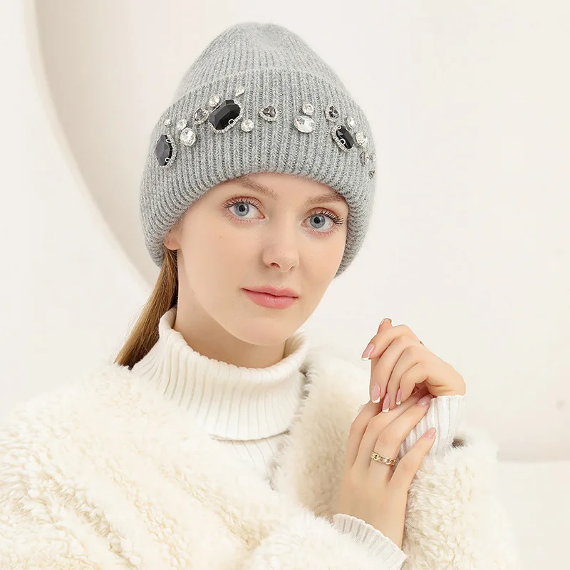 Luxury Winter Women Beanie Hat Crystal Rabbit Fur Knitted Hat for Women Casual Outdoor Warm Ear Protection Skiing Knitted Cap