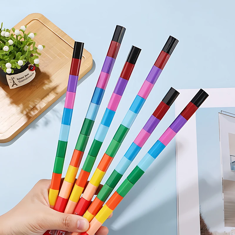 Vibrant 12-Color Stackable Rainbow Crayon Set - Creative Stationery and Fun Building Blocks Gift