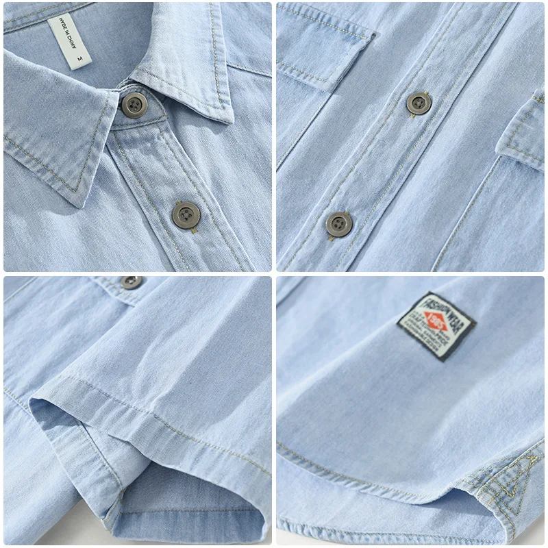 Summer Short Sleeve Denim Shirt Men Casual Loose Blue Jeans Japanese Double Pockets Cowboy Youth Fashion