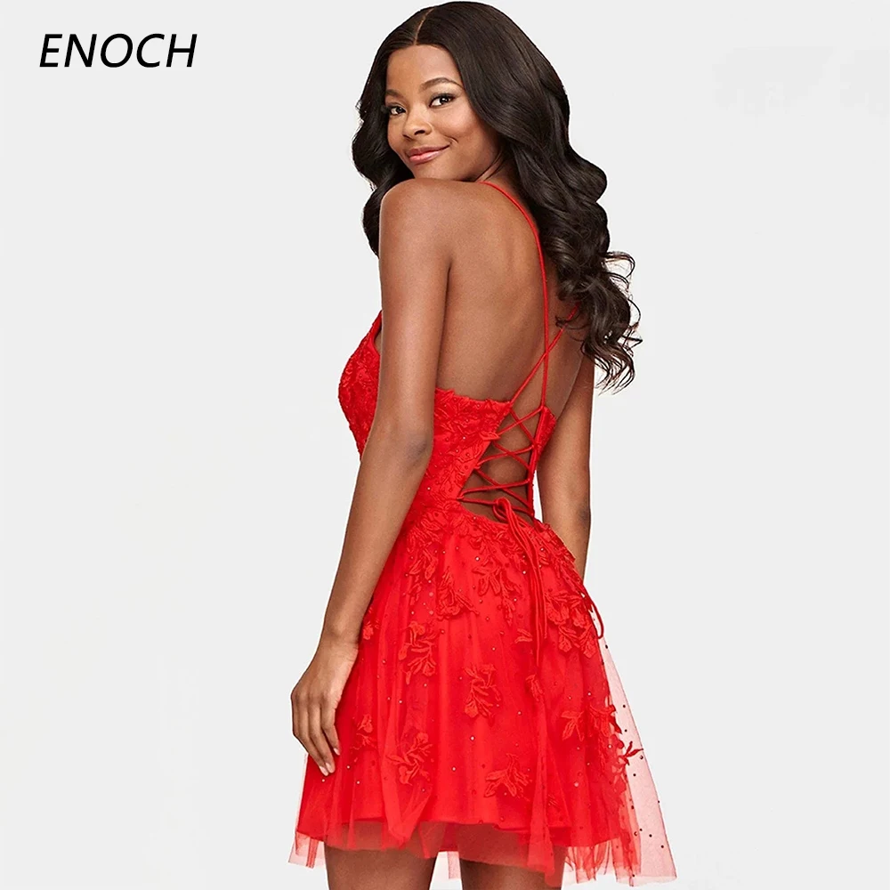 

ENOCH Stunning V-Neck Tulle Party Dresses Appliques Spaghetti Straps Lace Up Back Above Knee Party Gowns فساتين للحفلات الراقصة