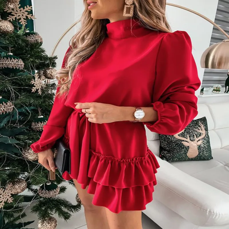 

2024 New Long sleeved Solid Color Loose Ruffle Edge Dress