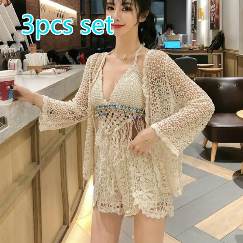 

3pcs one set Summer beach seaside women's set femme summer holiday women 3pcs sets lady sexy camis shorts kimono sets women dis5