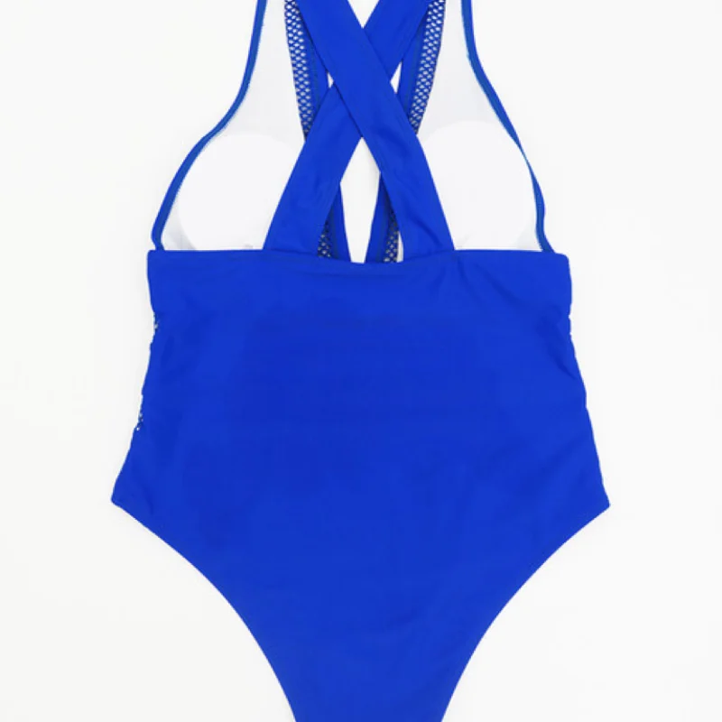 One Piece Swimsuit Mesh Gauze European American Women's Slimming Seaside Conservative Sexy Deep V Solid Color Swimsuit