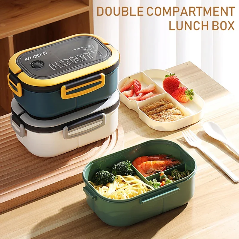 1pc Bento Box Lunch Box Double Layered Lunch Box With Spoon & Fork High Capacity Food Containers Leakproof Eco-Friendly BPA - 4