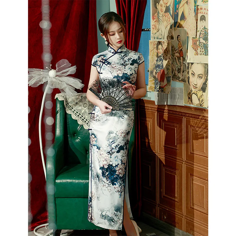 2025 Summer Silk Maxi Long Improved Cheongsam Retro Elegant