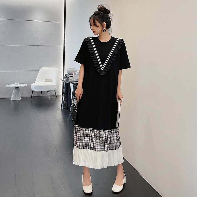 

2023 Summer New/long Large Patchwork Pleated Skirt Short Sleeve Dress