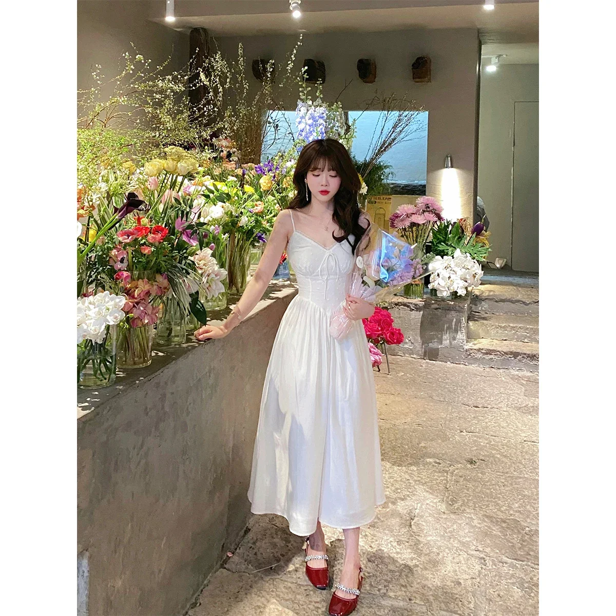

White Suspender Dress Summer French Style Vacation Dress for Women