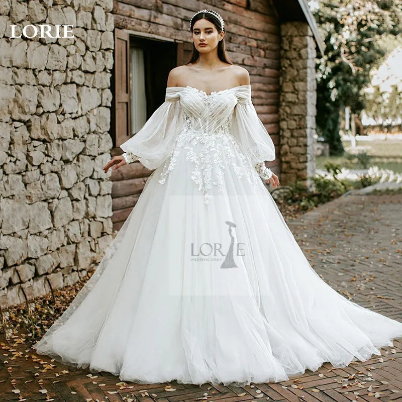 

LORIE Lace Wedding Dress Puff Long Sleeve A Line Puffy Off The Shoulder Bride Dresses Lace Appliques Wedding Bridal Gowns 2024