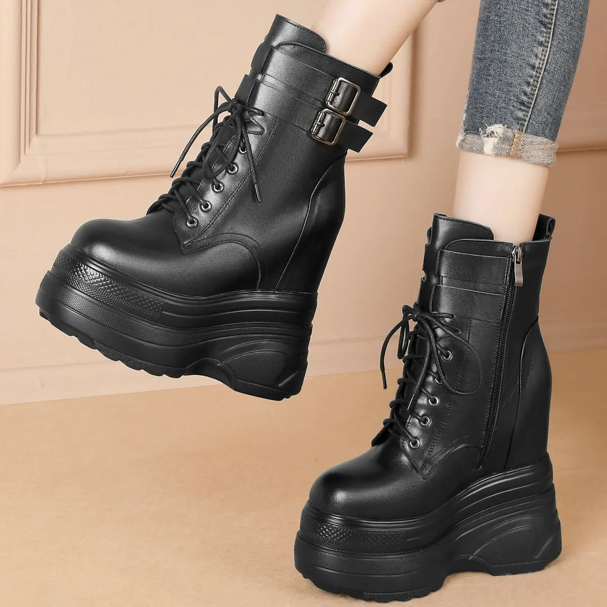 Winterpumps für Damen, maßgeschneidert, Übergröße 47, echtes Leder, Keilabsatz, Schneestiefel, große Größe 46, klobige Turnschuhe, Größe 44, Schuhe – Detail 2