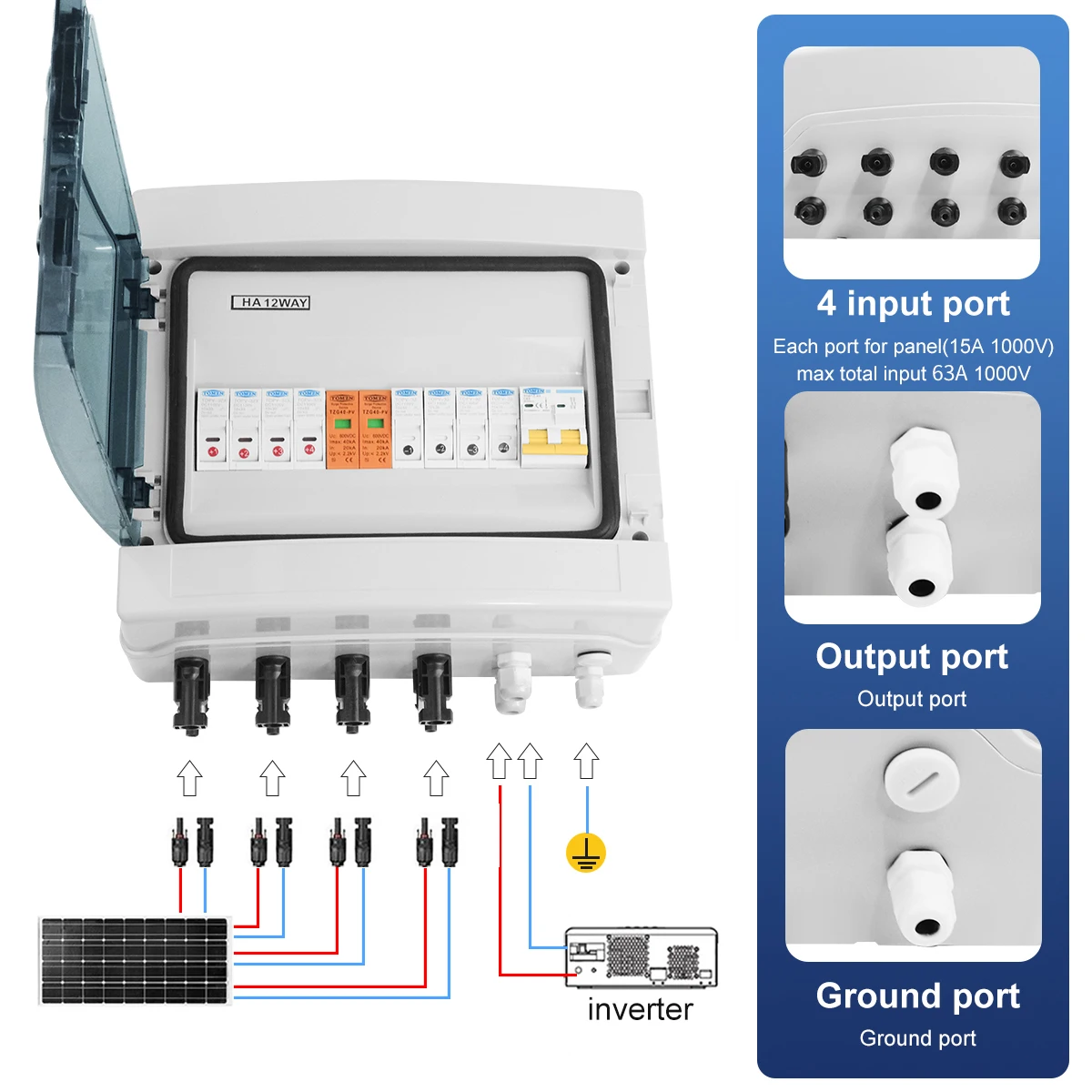 Solar PV Combiner Box Solar photovoltaic PV Combiner Box With Lightning Protection 4 input 1 out DC 600V Fuse MCB SPD Waterproof Box IP65 12ways solar pv combiner box