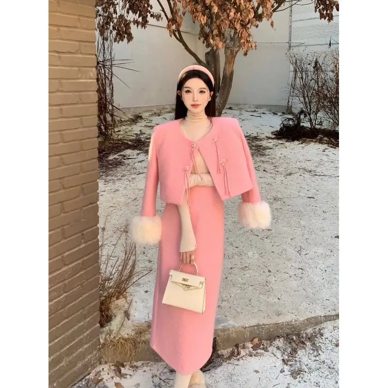 autumn-and-winter-new-chinese-style-button-women's-suit-jacet-fashion-high-end-sense-wool-coat-half-length-skirt-two-piece-set