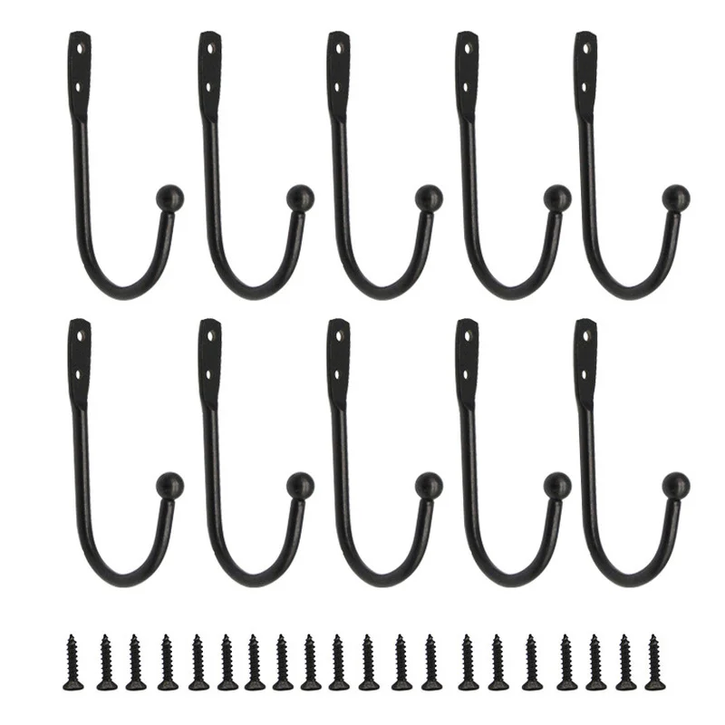 10 Pack Coat Hanger Wall Hooks with Screws Alloy Hanging Single Hook Bathroom Accessories Set Black Color Clothes Door Hooks