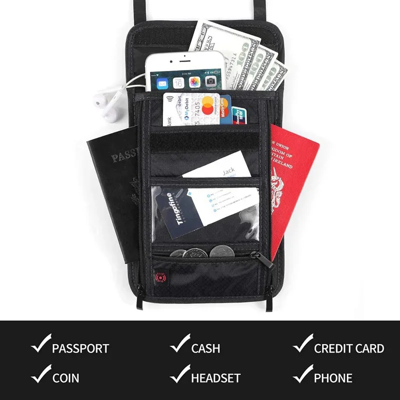 RFID Blocking Travel Neck Pouch ID Card Pouch Wallet Men Women Passport Cover Hanging Multifunction Card Money Anti-Theft Bag wallet card holder,card holder,credit card holder,passport holder