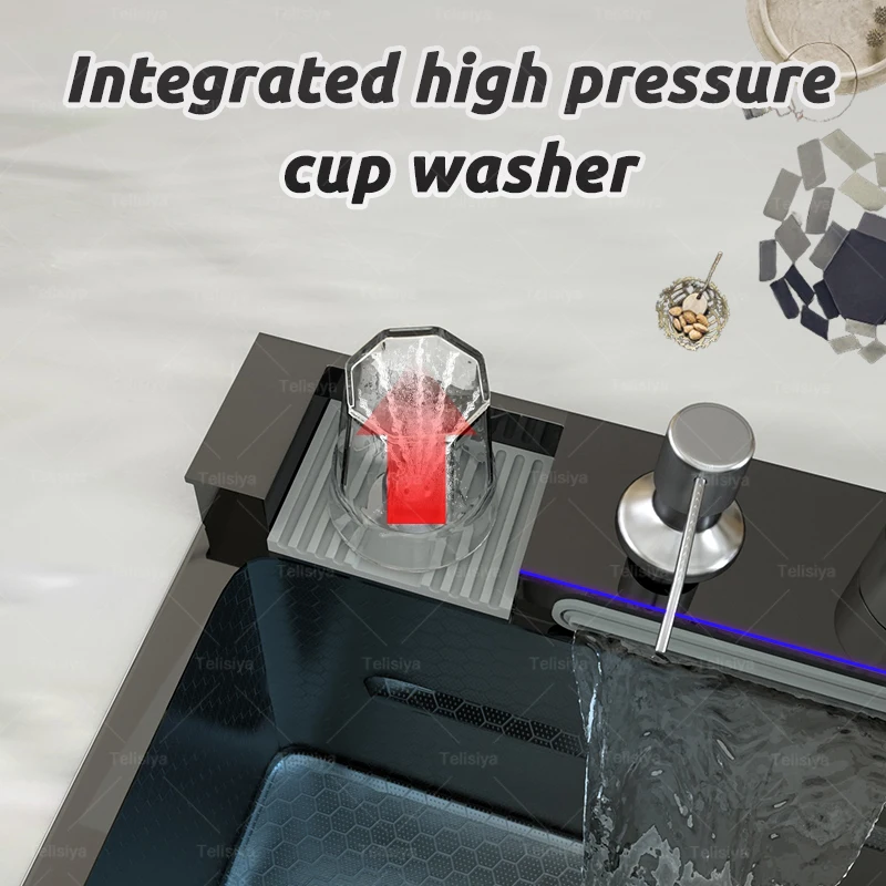 Stainless Steel Kitchen Sink With Waterfall Extra Large Single Solt with Knife Holder Digital Display Faucet Set Wash Basin 5