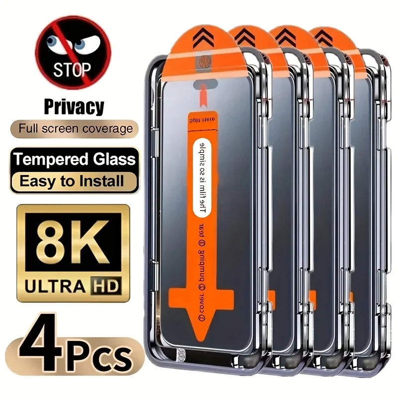 4pcs Easy to Install Privacy Tempered Glass For iPhone 17 Pro Max/17 Air/16/15/14/13/12/11/16e/Plus/Mini/X/XR/XS Max/7/8/SE2/SE3