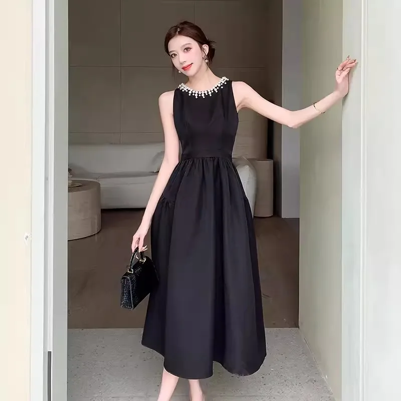 

Hepburn Temperament Black Vest Dress Women's Summer Luxury Beaded O-Collar Robes Ladies High-End Simple A-line Long Dress