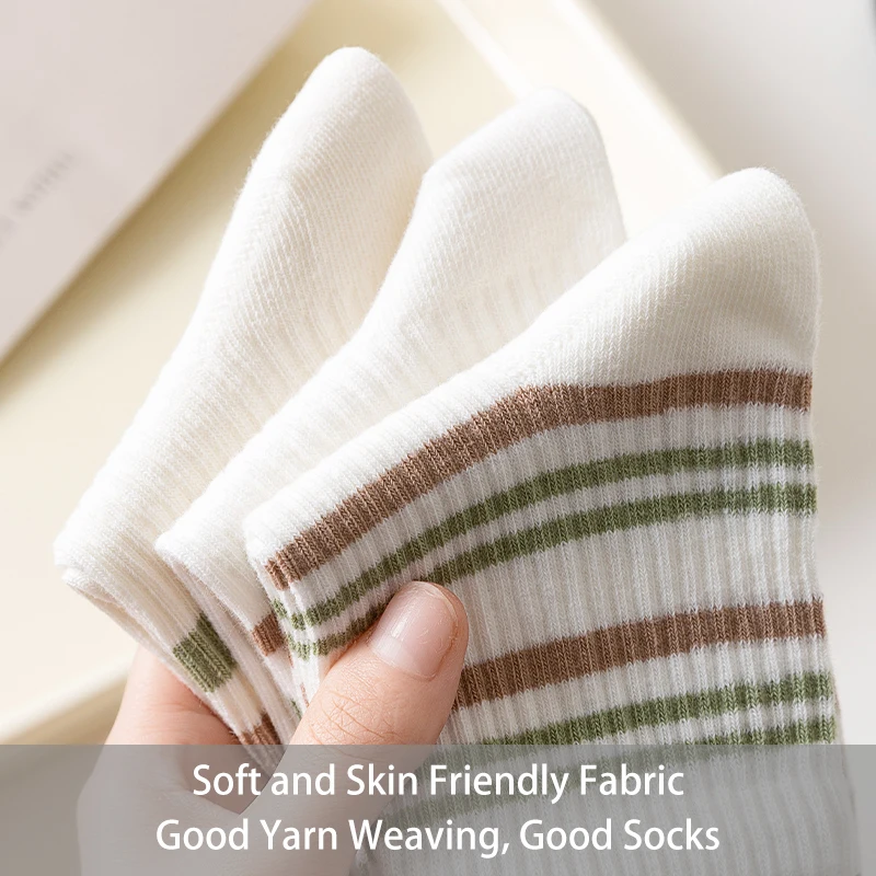 6 Pairs of Women's Four Season Simple Striped Flower Sweet College Style Fashionable Versatile Summer Breathable Mid Tube Socks 4