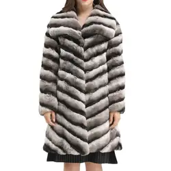 Striped Rex Rabbit Fur Chinchilla Long Coat With Large Lapel 2023 Full Sleeves Women Outerwear 1907011