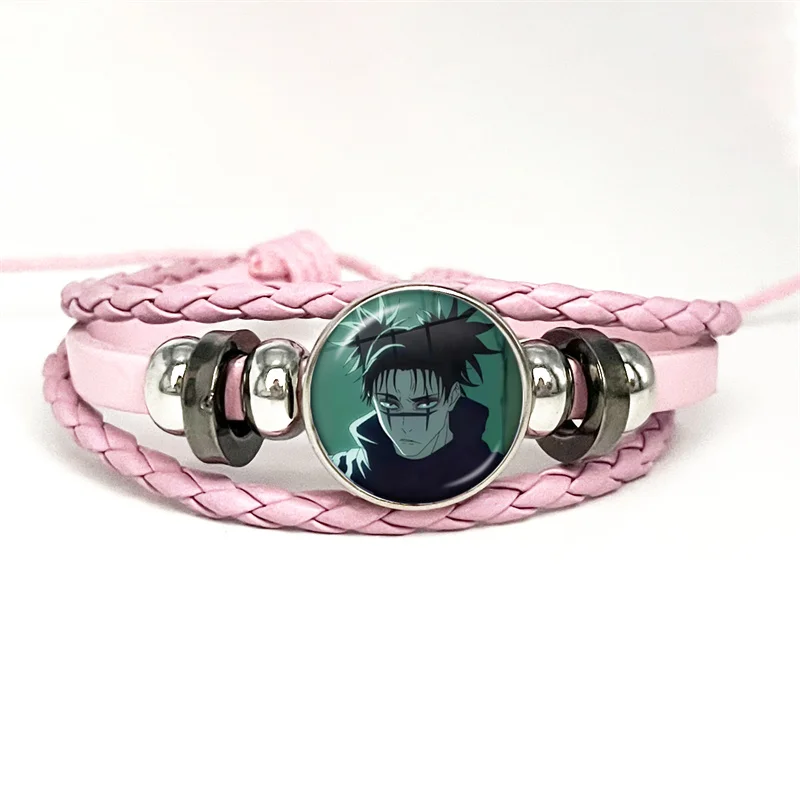 Hot Anime Jujutsu Kaisen Choso Suguru Geto Gojo Sukuna Pink Leather Bracelet Glass Cabochon Button Multilayer Bangles Wristband 3