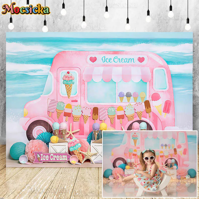 Verão Rosa Sorvete Caminhão Fotografia Backdrop Cone Sobremesa Decoração Crianças Aniversário Festa Bolo Smash Fundo Photo Studio Props - Image 4
