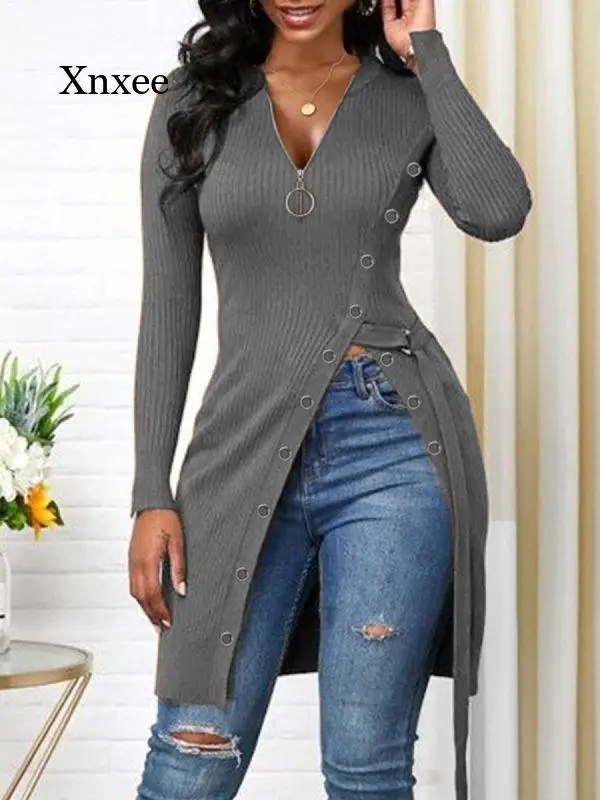 

Autumn Sexy V-Neck Split T-Shirt Women Side Slits Solid Color Casual Loose Pullover Slim Long Pullover Top 2022 New