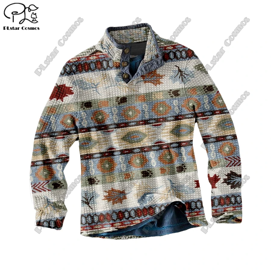 PLstar Cosmos new 3D printing tribal retro pattern series warm stand collar sweater Polo street casual unisex winter Polo L-1