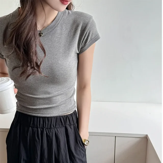 Slim Fit Red Crew Neck Short Sleeve T Shirt - Solid Color Stretchy Crop Top, For Street Daily Club Summer Casual Outfits 5