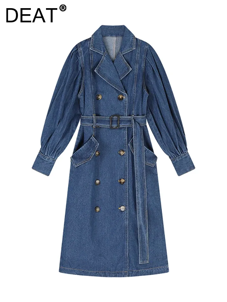 

DEAT Women's Denim Trench Coats Double Breasted Notched Collar Belt Lace-up Waist A-line Long Windbreak 2024 Spring New Fashion