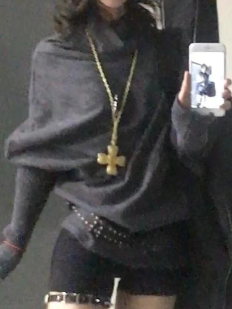 2000s Korean Fashion Slim Batwing Sleeve Autumn Sweaters Y2k Pure Color Subculture Casual Long Sleeve Pullovers Sweaters Chic