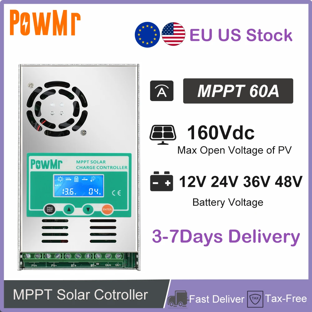Controlador de Carga Solar MPPT para EE. UU., UE y México, 60A, 12V, 24V, 36V, 48V, Regulador Solar Automático Compatible con Baterías de Plomo-Ácido y Litio para RV, Barco, Hogar