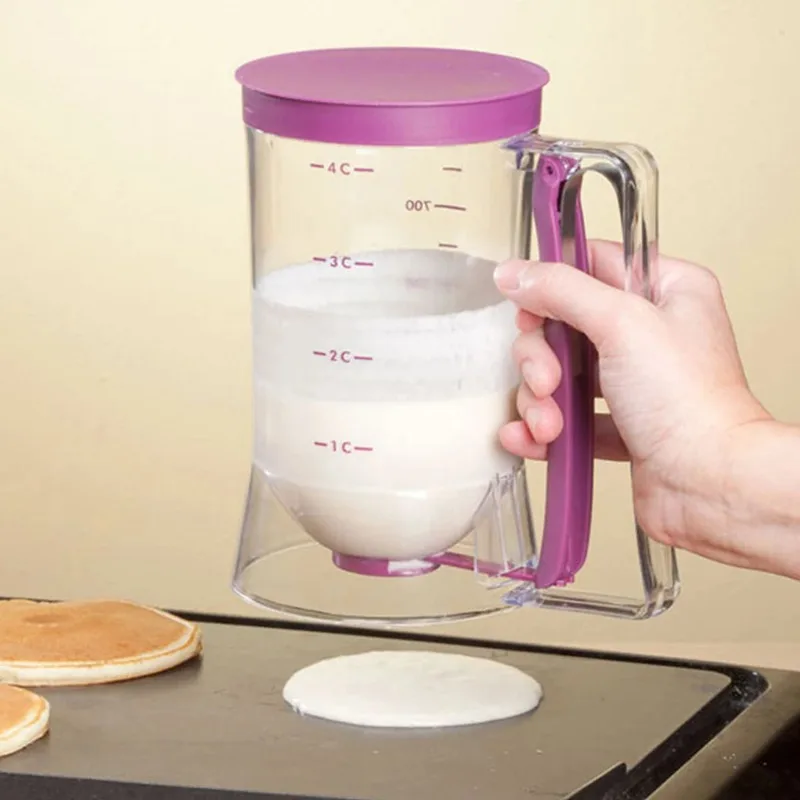 Batter Dispenser 900ml with Measuring Label and Squeeze Handle Bracket for Pancake Batter Cookie Cake Waffles