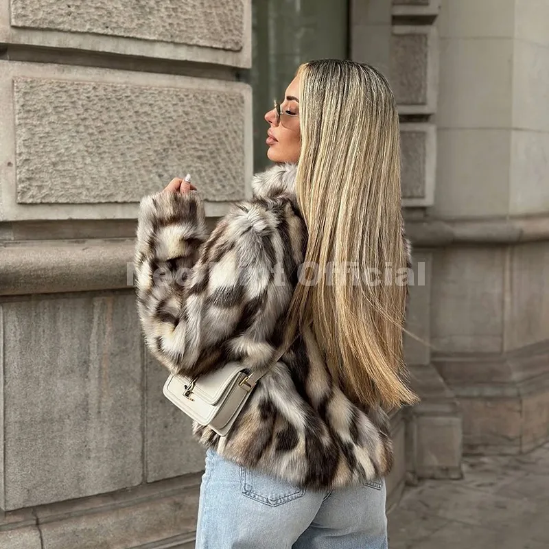 Neo Mint Brand Designer Zebra Strip Print Faux Fur Jacket Women