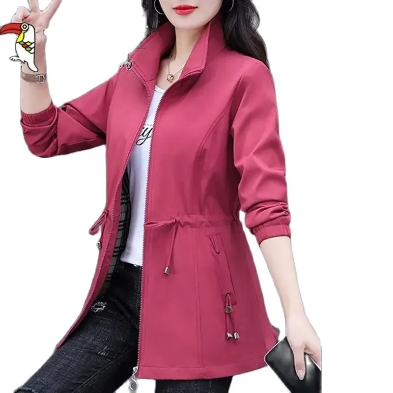 Vintage Spring And Autumn Stand Collar Jacket Mid Long Sports Women's Trench Lining Casual Fashion Waist Wrapped Women's Jacket