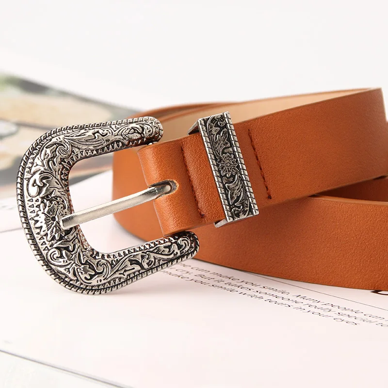 New Carve Pu Pin Buckle Belt Women Fashion Black Sier Buckle Thin Belts Female Jeans Dress Waistband Brand Design_voghion.com