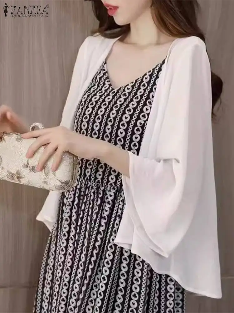 ZANZEA 여성용 커버 업 기모노 상의, 올 매치 플레어 소매, 베이직 셔츠, 한국 패션, 비치 쉬어 쉬폰 가디건, 여름
