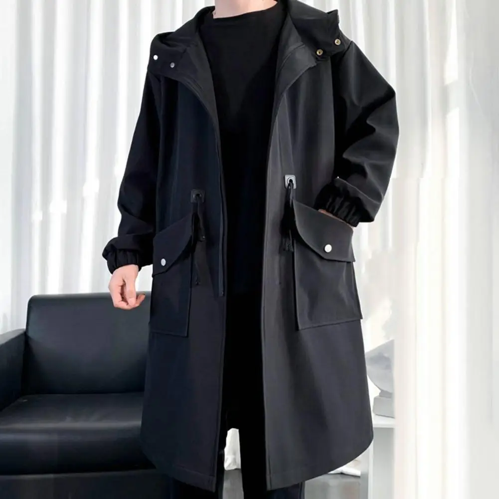 

Men Trench Coat Hooded Loose Mid Length Big Pockets Long Sleeve Windproof Solid Color Zipper Closure Elastic Cuff Men Jacket