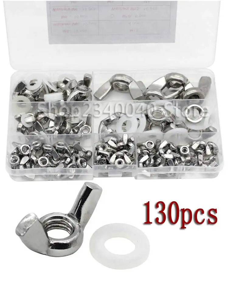 

130Pcs M3 M4 M5 M6 M8 M10 M12 Butterfly Wing Nuts Assortment Kit 304 Stainless Steel Wing Nuts And Nylon Washers Fasteners