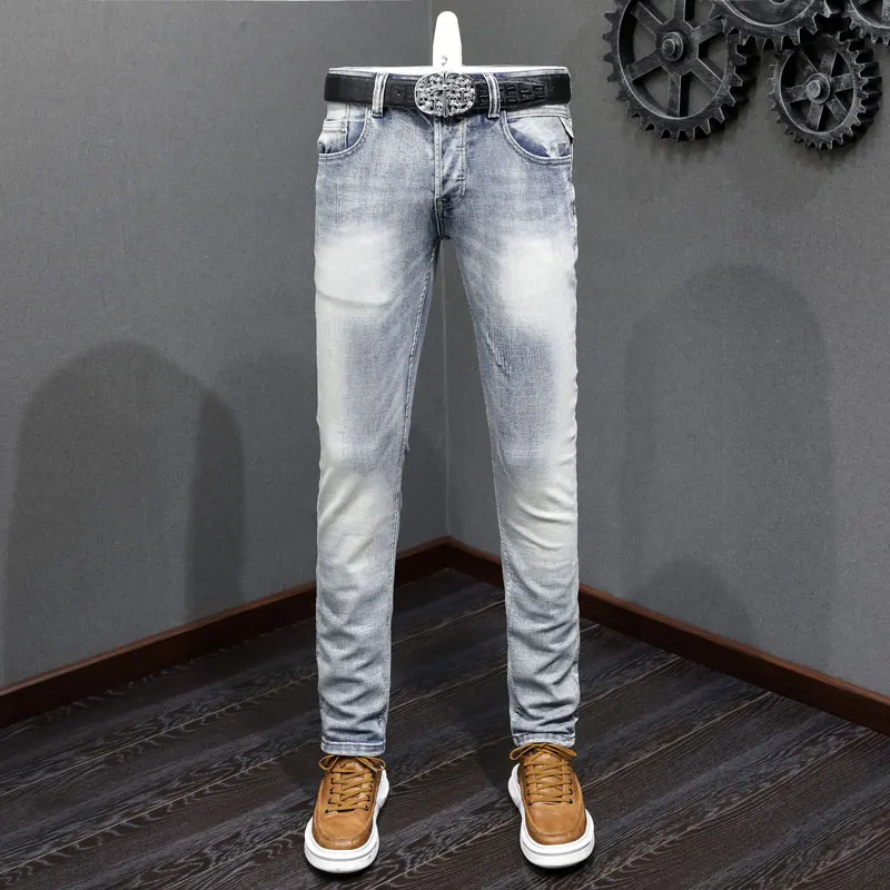 

Italian Style Fashion Men Jeans Retro Light Blue Stretch Slim Fit Ripped Jeans Men Buttons Fly Vintage Designer Denim Pants